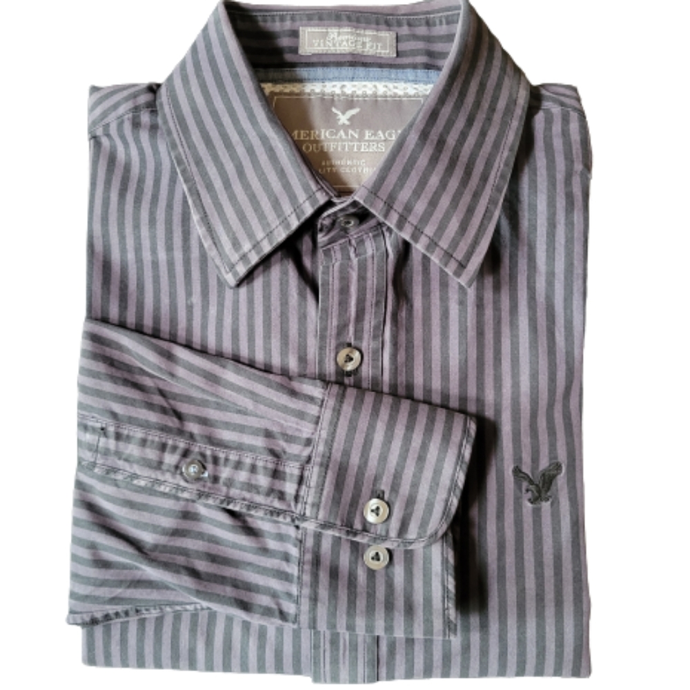 American Eagle Outfitters Distressed Striped Oxford Button-Up Longsleeve Shirt